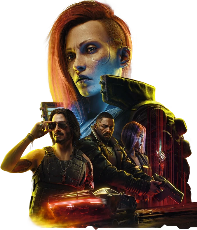 Cover art voor “Cyberpunk 2077 Ultimate Edition” met futuristische personages met cyberverbeteringen tegen een felgele en rode stadsachtergrond