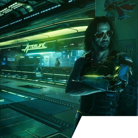 Een man met een zonnebril en een mechanische arm leunt tegen een muur in een futuristische, met neon verlichte bar. De sfeer is somber en heeft een cyberpunk-thema