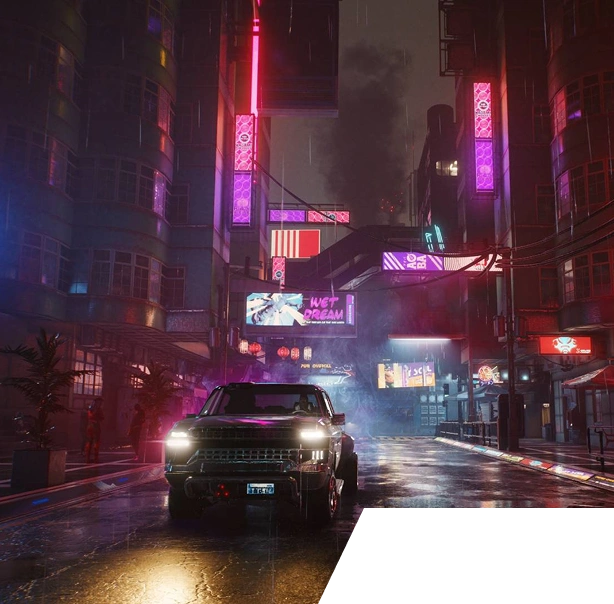 Een cyberpunk-straat in de stad 's nachts, doordrenkt van regen, met neonreclames die roze en blauw oplichten. Een auto staat centraal en benadrukt de sfeervolle, futuristische uitstraling