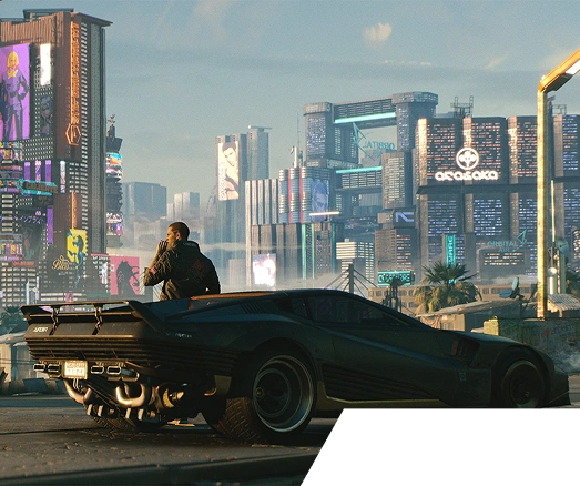 Een futuristisch stadslandschap met wolkenkrabbers versierd met neonreclames en billboards. Een persoon staat naast een strakke auto en staart naar de levendige skyline van de stad