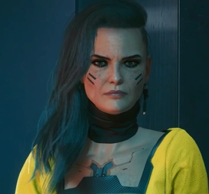 Een futuristisch personage met blauw haar en cybernetische kenmerken draagt een gele top met het opschrift ‘SURVIVE’ en straalt een vastberaden en intense sfeer uit