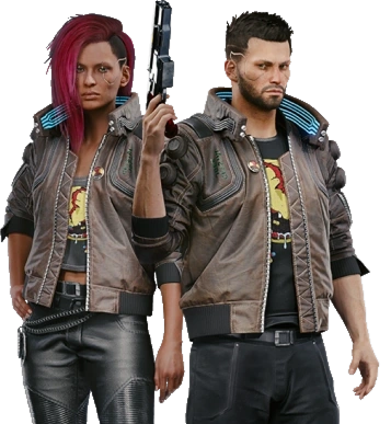 Twee personages in futuristische kleding, één met roze haar en een pistool in de hand, de ander met kort donker haar. Beiden dragen leren jassen en hebben opvallende gezichtsuitdrukkingen, tegen een zwarte achtergrond